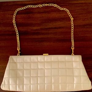 Etienne Aigner genuine leather quilted clutch w/golden chain champagne 12”X5”
